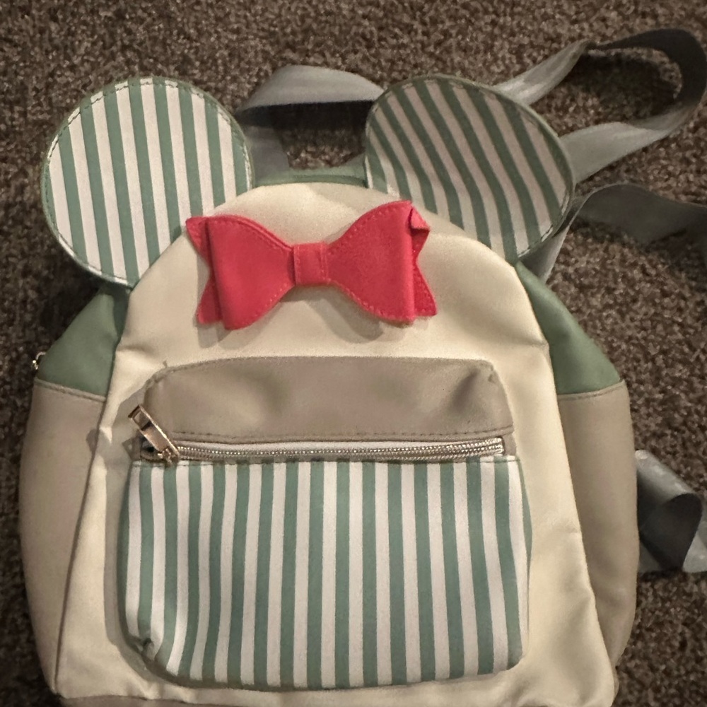 Bioworld Green and White Striped Kids Backpack with Red Bow Minnie Mouse Mini